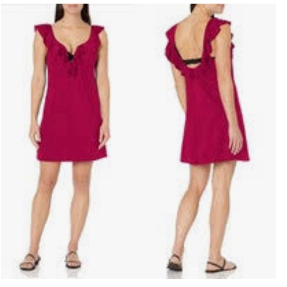128 NWT Tahari Ruffle Dress Swim cover Cabernet. SzL